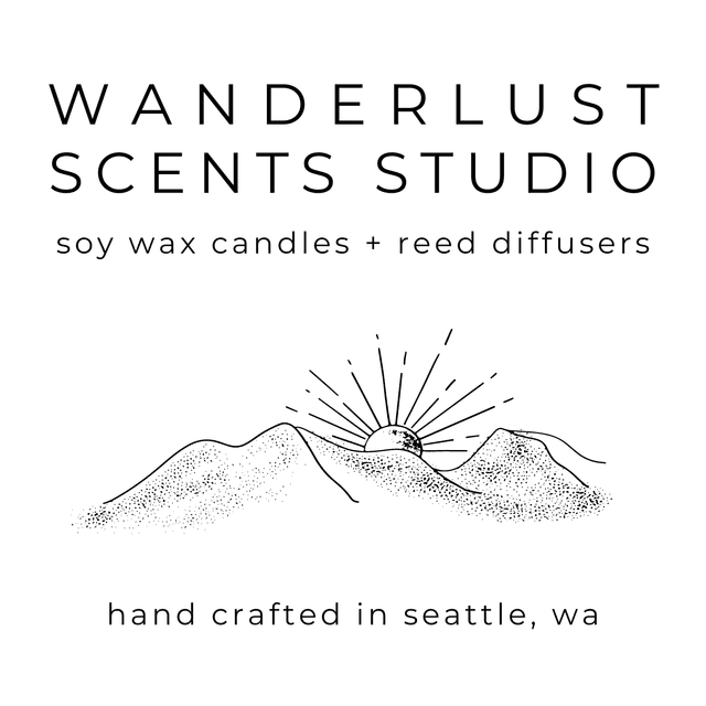 Black and white pencil sketch of mountains and a sunset for wanderlust scents studio logo